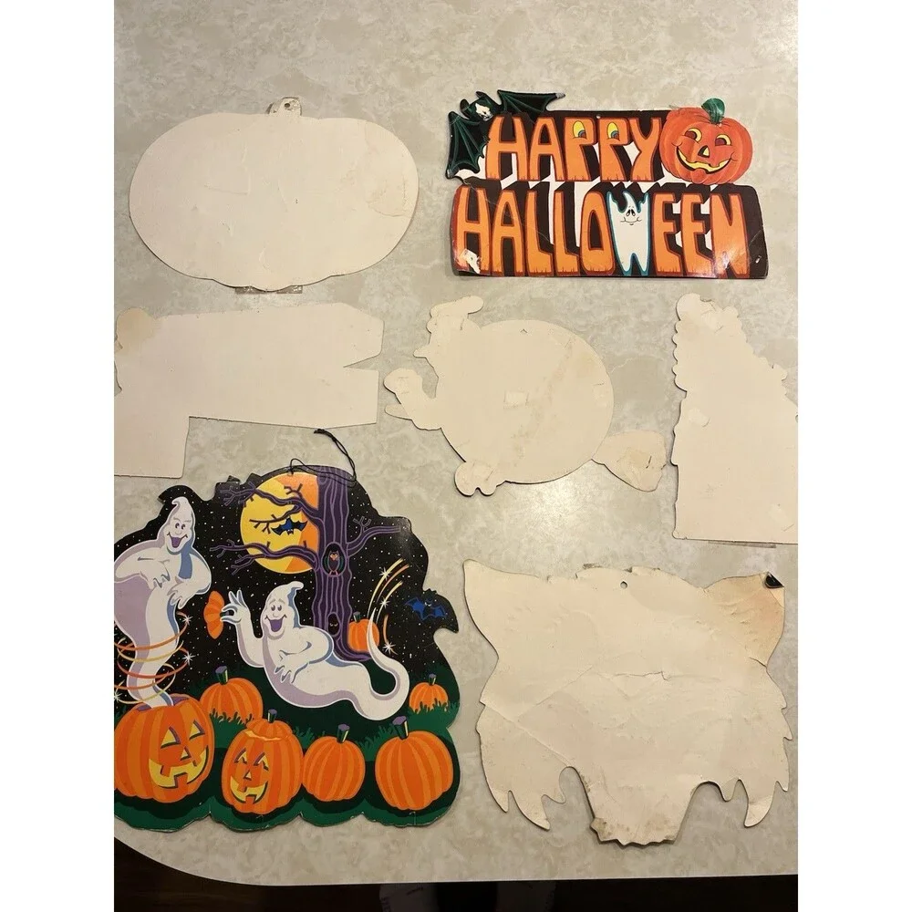 Vtg Beistle Halloween Decorations Die Cut Punch Out Ghosts Cat Jack-o-lantern
